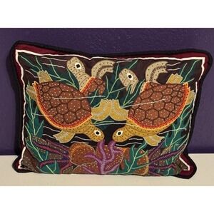 Vintage Sea Turtle Ocean Mola Folk Art Decorative Pillow 16" Rare